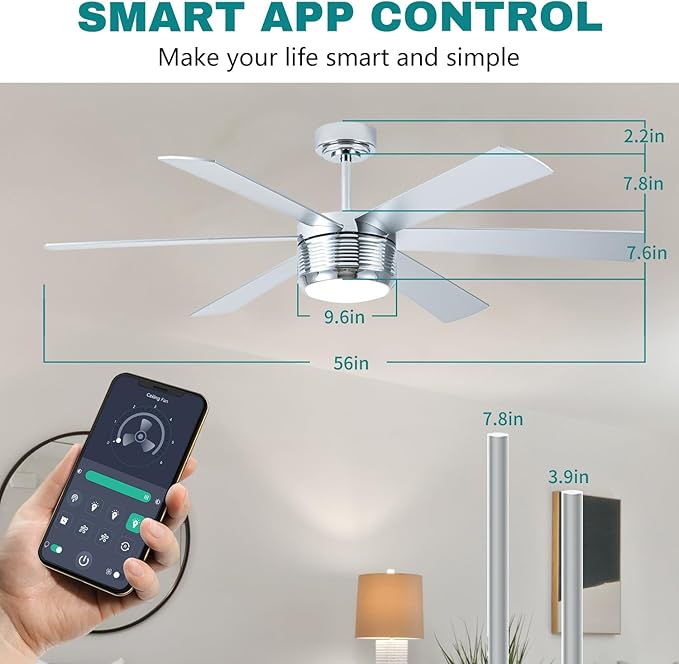 SHOWDI Ceiling Fan with Lights and Remote, 6 Blade App Control Timer Reversible Stepless Brightness and Color Temperature Outdoor Wood Ceiling Fan with Lights (Chrome, 56 Inch)
