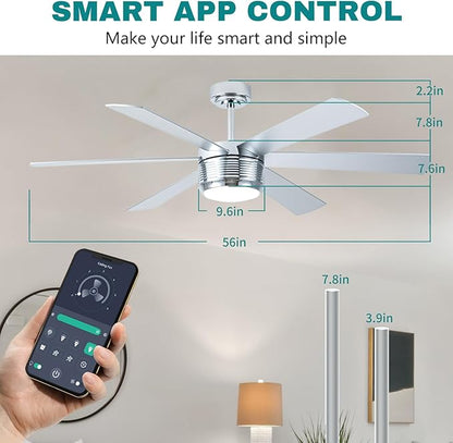 SHOWDI Ceiling Fan with Lights and Remote, 6 Blade App Control Timer Reversible Stepless Brightness and Color Temperature Outdoor Wood Ceiling Fan with Lights (Chrome, 56 Inch)