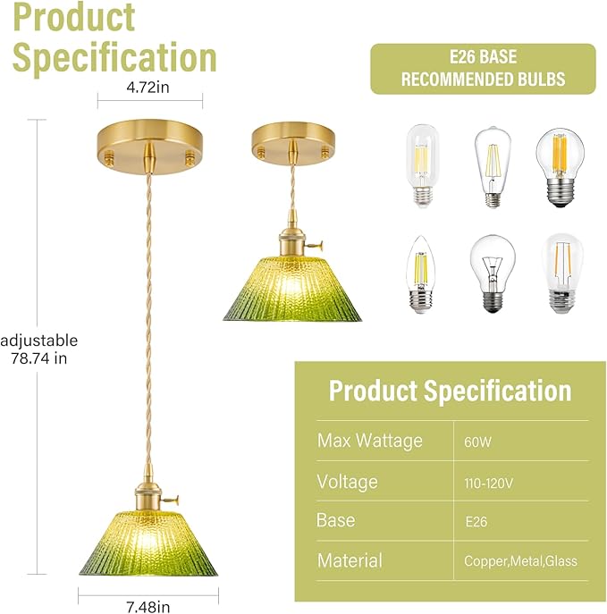 Vintage Pendant Lights Kitchen Island 3 Pack, Adjustable Brass Pendant Light Fixtures with Gradient Green Glass Shade, Gold Kitchen Pendant Lighting Over Island, Pendant Light for Dining Room Hallway