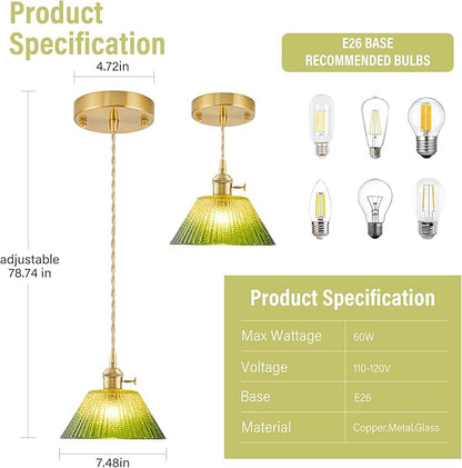 Vintage Pendant Lights Kitchen Island 3 Pack, Adjustable Brass Pendant Light Fixtures with Gradient Green Glass Shade, Gold Kitchen Pendant Lighting Over Island, Pendant Light for Dining Room Hallway
