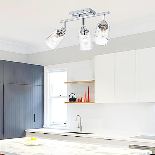 3-Light Track Lighting Kit Ceiling Kitchen Track Lighting Fixtures Chrome Bathroom Vanity Wall Lights with Clear Glass Multi-Directional Rotating Tracking Light Heads Spotlight for Accent Shop