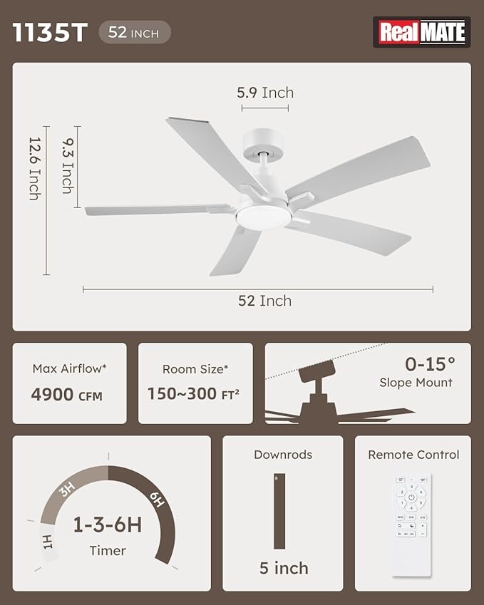 52 Inch Ceiling Fans with Lights and Remote, White Ceiling Fan, Downrod Style with 5 Blades, Modern Design For Indoor Bedroom Living Room/Outdoor, 6 Speed Reversible DC Motor, 3CCT Dimmable LED