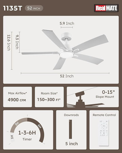 52 Inch Ceiling Fans with Lights and Remote, White Ceiling Fan, Downrod Style with 5 Blades, Modern Design For Indoor Bedroom Living Room/Outdoor, 6 Speed Reversible DC Motor, 3CCT Dimmable LED