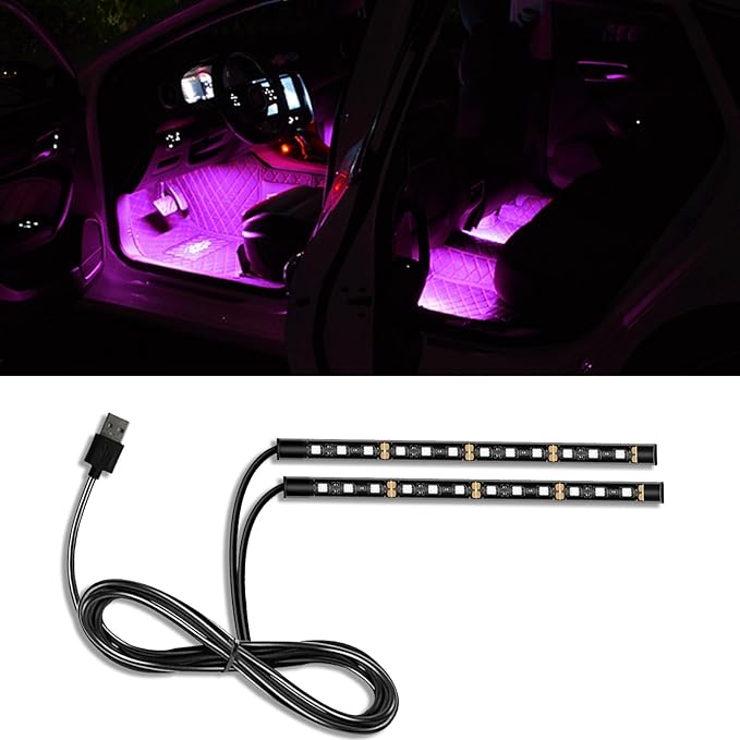 Car LED Strip Light, 24 LED RGB Auto Under Dash Interior Atmosphere Lights, 12V Ambient Night Light, Auto Interior Decorative Lamp, Universal Car Accessories (Pink Purple, USB Port)