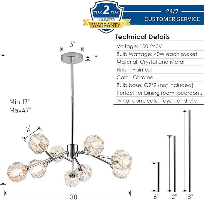 Weesalife Sputnik Chandeliers for Dining Room Light Fixture Over Table, Modern Crystal Chandeliers, 9 Lights Chrome Lighting Fixtures for Living Room Bedroom Kitchen Island Bar