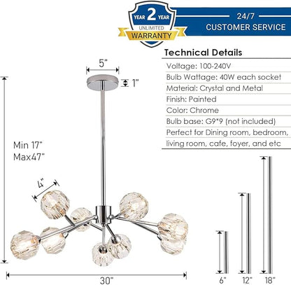 Weesalife Sputnik Chandeliers for Dining Room Light Fixture Over Table, Modern Crystal Chandeliers, 9 Lights Chrome Lighting Fixtures for Living Room Bedroom Kitchen Island Bar