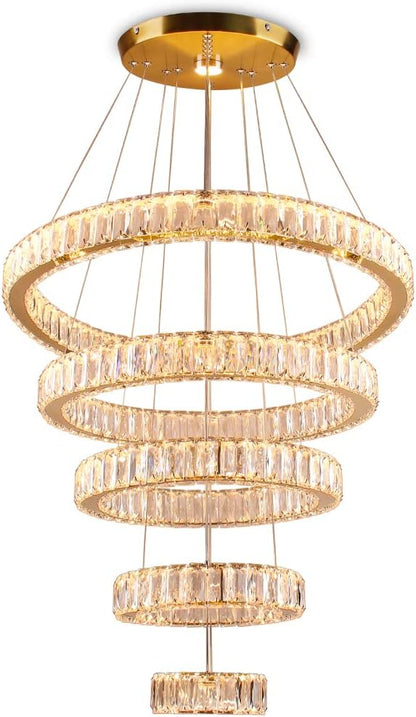 Dixun LED Big Crystal Chandeliers Modern 5 Rings Pendant Light Adjustable Ceiling Light for Bedroom Dinning Room Kitchen (Warm White)