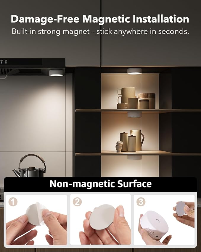 Radar Motion Sensor Puck Lights with Remote Control, RGB Rechargeable Wireless Under Cabinet Lighting for Kitchen, Magnet Stick on LED Closet Lights, Cordless Night Light for Counter, Stair, Bookshelf