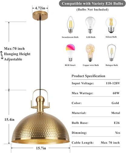 15.7 Inch Gold Pendant Light 2 Pack, Hammered Industrial Pendant Lights，Fixtures Adjustable Height Dome Pendant Light for Dining Room Bedroom Bar