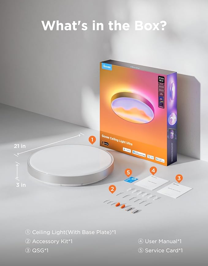 Govee Ceiling Light Ultra 21 Inch, 5000LM Smart Flush Mount Ceiling Light Fixture, Compatible with Matter & Alexa, RGBIC & Tunable White 2700K-6500K, DIY Ceiling Canvas for Bedroom, Living Room