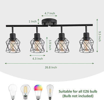 4-Lights Black Semi Flush Mount Ceiling Light, Adjustable Multi-Directional Light Fixtures,Rotatable Farmhouse Light Fixture with Metal Cage for Dining Room,Living Room,Kitchen