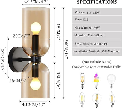 Modern Glass Wall Sconces- Double Head Wall Lighting with Long Short Glass Shades- Bathroom Vanity Light Mid-Century Up Down Hardwired Wall Lamp Indoor for Bedroom Hallway Living (Black-Amber)