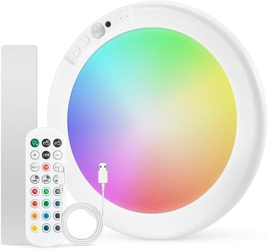 Combuh Rechargeable RGB Ambient Shower Light Waterproof Inside, LED 13 Color Changing Mood Lighting for Bathroom Cordless Battery Operated Stick on Ceiling Lamp with Remote for Bathtub Bedroom
