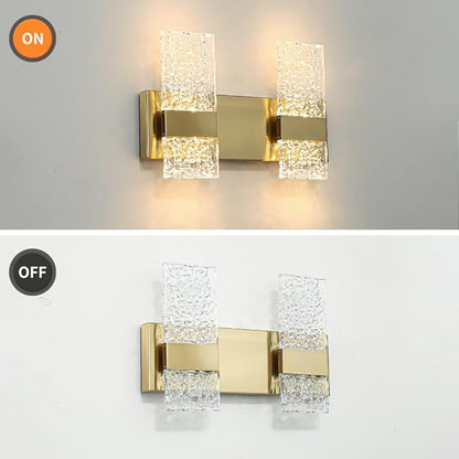 Modern Polished Gold 2 Lights Bathroom Vanity Light, Eleglant LED Bathroom Light Fixtures Over Mirror, Dimmable Acrylic Shade Wall Lighting Fixtures, Hardwired Wall Light(H9.25in, L13.78in)