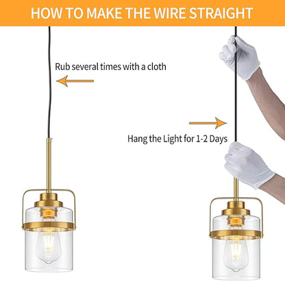Modern Brass Pendant Lights Kitchen Island Light, Adjustable Hanging Light Fixture with Clear Glass Shade, Farmhouse Pendant Light for Dining Room Bar Over Sink/Table/Counter, 2 Pack
