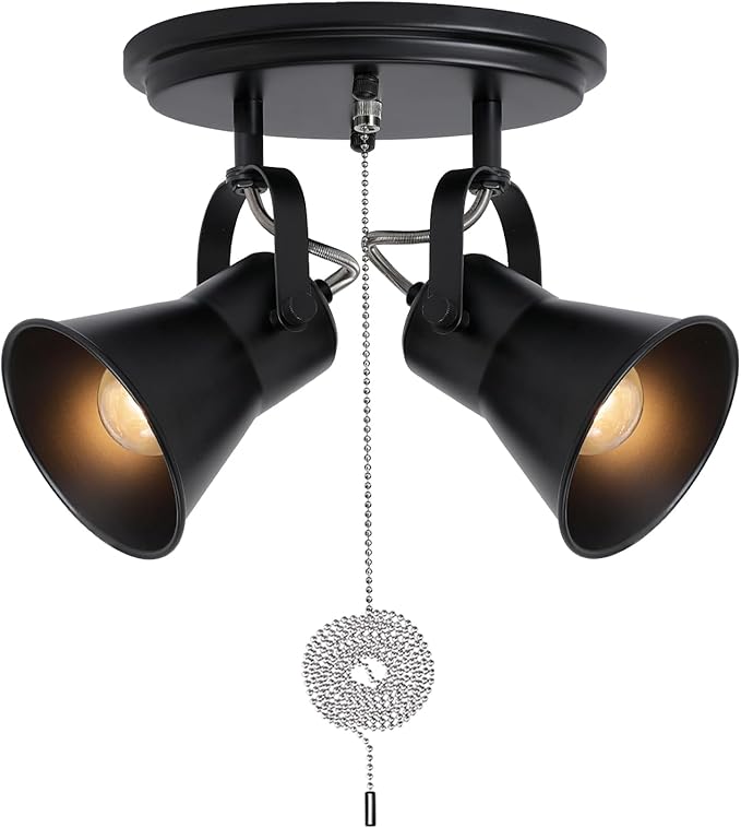 2-Light Black Track Lighting with Pull Chain, Industrial Adjustable Pull Chain Light Fixture Round Ceiling Light, Modern Flush Mount for Kitchen, Hallway, Dining Room