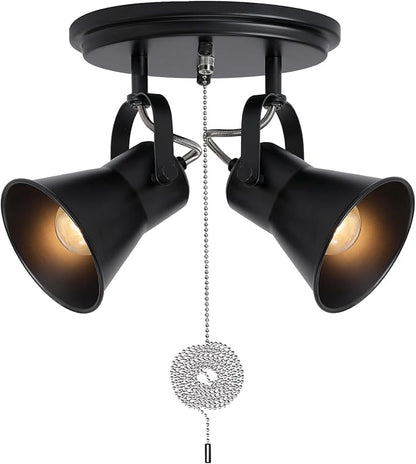 2-Light Black Track Lighting with Pull Chain, Industrial Adjustable Pull Chain Light Fixture Round Ceiling Light, Modern Flush Mount for Kitchen, Hallway, Dining Room