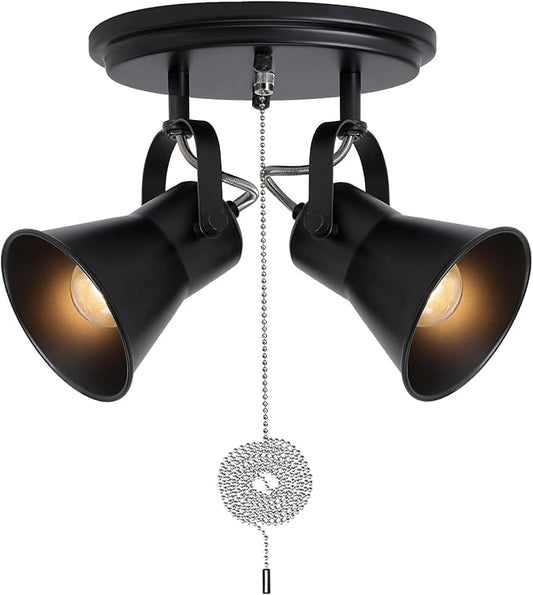 2-Light Black Track Lighting with Pull Chain, Industrial Adjustable Pull Chain Light Fixture Round Ceiling Light, Modern Flush Mount for Kitchen, Hallway, Dining Room
