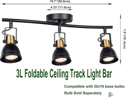 3 Light Foldable Track Lighting Kit, Matte Black Brass Finish Pivot Shades Rotatable Arm with GU10 Socket Modern Ceiling Spot Light for Kitchen,Bedroom,Living Room Home Improvement