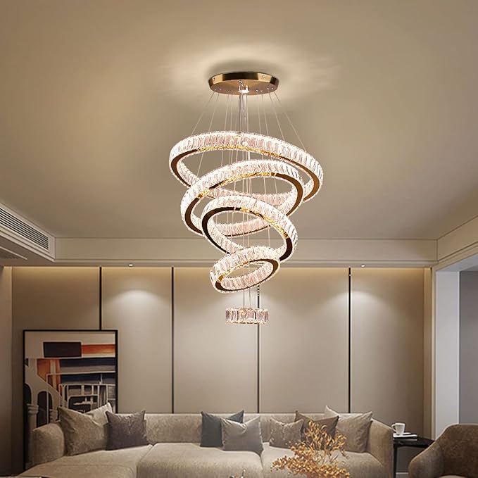 Dixun LED Big Crystal Chandeliers Modern 5 Rings Pendant Light Adjustable Ceiling Light for Bedroom Dinning Room Kitchen (Warm White)