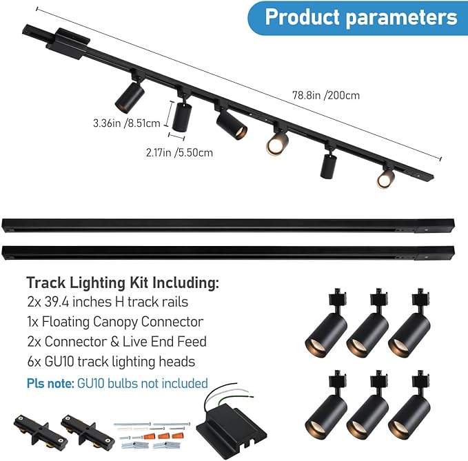 6-Light LED Track Lighting Kit with 6.6FT H Track Lighting Rails & Floating Canopy Connector, GU10 Track Light Kit, Modern Kitchen Track Lighting Fixtures Ceiling Spot Light, Black (No Bulbs)