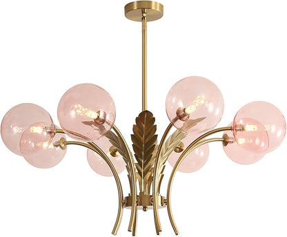 BOKT 8 Pink Ceiling Light Fixture Large Sputnik Vintage Gold Farmhouse Chandelier Rustic Lighting Glass Globe Pendant Lights for Dining Bedroom Living and Girls Room G9 Bulb Included