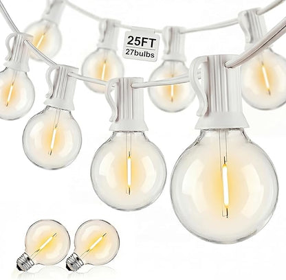 Abeja 25Ft LED Outdoor String Light, Patio Globe String Lights with 27 Shatterproof LED Clear Bulbs(2 Spare), Hanging Patio String Lights for Backyard Decor Bistro Party Yard Decor- White Wire