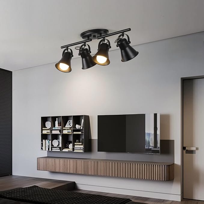 4-Light Track Lighting Kit, Directional Ceiling Light, Industrial Black Kitchen Track Lighting Fixtures Ceiling for Kitchen, Living Room, Dining Room, Hallway.