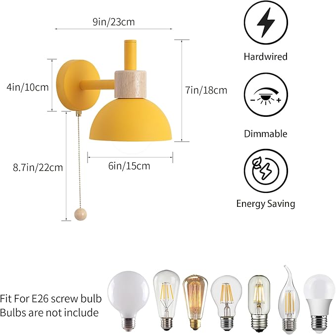 1-Light Nordic Bathroom Wall Sconce with Pull Chain Switch, Modern Vanity Wall Lamp, Bedside Wall Lights for Mirror Kitchen Living Room Hallway Cabinet Porch(Yellow)