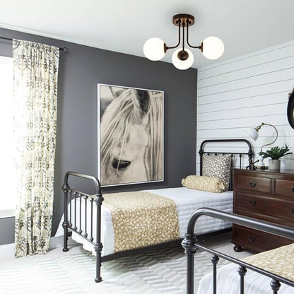 Modern Semi Flush Mount Ceiling Light,Black White Glass Shade Semi Ceiling Light 3-Light,Sputnik Chandeliers for Bedroom Hallway Dining Room Lighting Fixture, HL-23072702