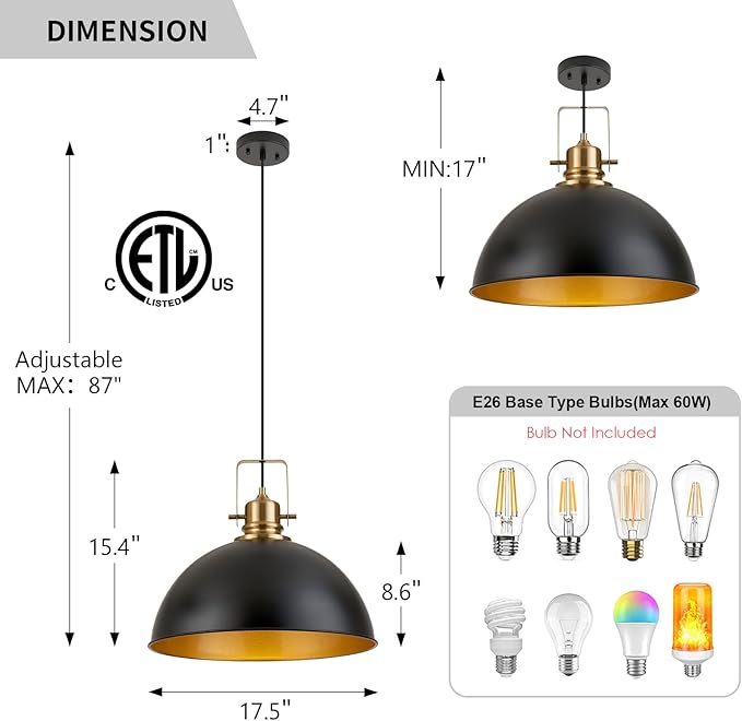 Farmhouse Pendant Light, 17.5" Matte Black Pendant Light Kitchen Island with Adjustable Cord, Vintage Dome Hanging Lights for Dining Room Cafe Bar Hallway Worktops, L, 2 Pack