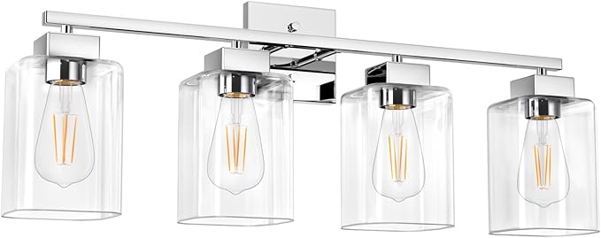 4 Light Bathroom Vanity Light - Chrome Bathroom Light Fixtures Square Design & UL Certification, 26 inch Square Bath Room Lights Over Mirror, Vanity Lighting Fixtures for Living Room & Bedroom