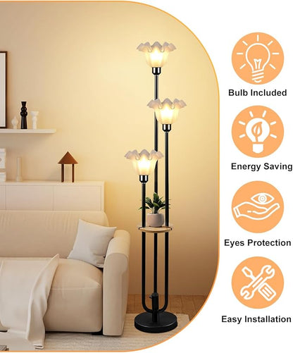 Flower Floor Lamp for Living Room, Dimmable Vintage Floor Lamp with Shelf & LED Bulbs, 3 Light 3000K Warmwhite Mid Century Black Floral Tall Standing Lamp with 5Lbs Heavy Base for Bedroom
