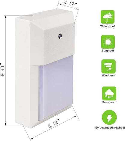 LIT-PaTH Dusk to Dawn Outdoor Wall Lantern, LED Wall Sconce for Porch Lighting Fixture, 12W 1000 Lumens, Aluminum Housing Plus PC, 2-Pack, 5000K-White Finish