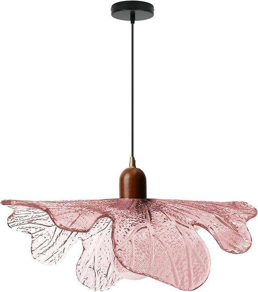 15.75" Pink Petal Glass Pendant Light Modern Hanging Ceiling Light Adjustable 59" Cord, E26 Base, Metal & Wood Finish for Dining Room, Living Room Kitchen