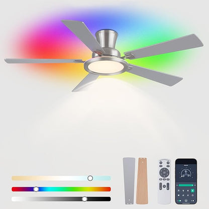 Ayaoty 52" Ceiling Fans with Lights - Flush Mount Ceiling Fan with RGB Dimmable, 3CCT 6 Wind Speeds and Reversible Quiet Motor, Low Profile RGB Fan Light for Modern Indoor, Party - Nickel RGB