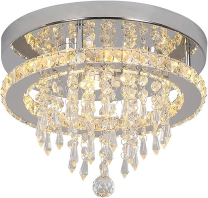 Deckrico Modern K9 Crystal Chandelier 3 LED Lights Stainless Steel Pendant Lamp Flush Mount Light Fixtures for Dining Room Bathroom Bedroom Living Room (Warm White)