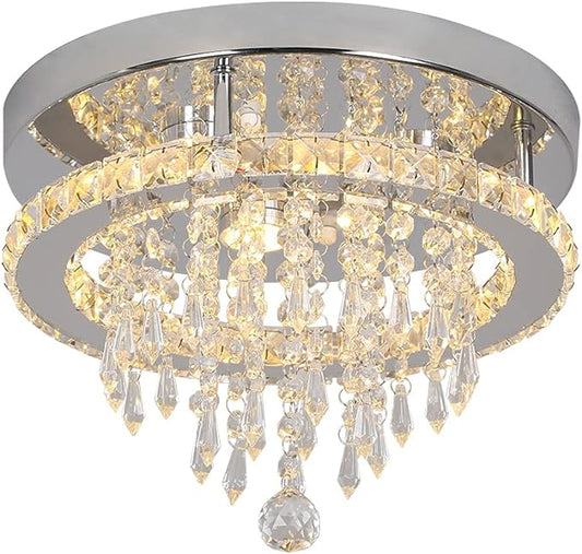 Deckrico Modern K9 Crystal Chandelier 3 LED Lights Stainless Steel Pendant Lamp Flush Mount Light Fixtures for Dining Room Bathroom Bedroom Living Room (Warm White)