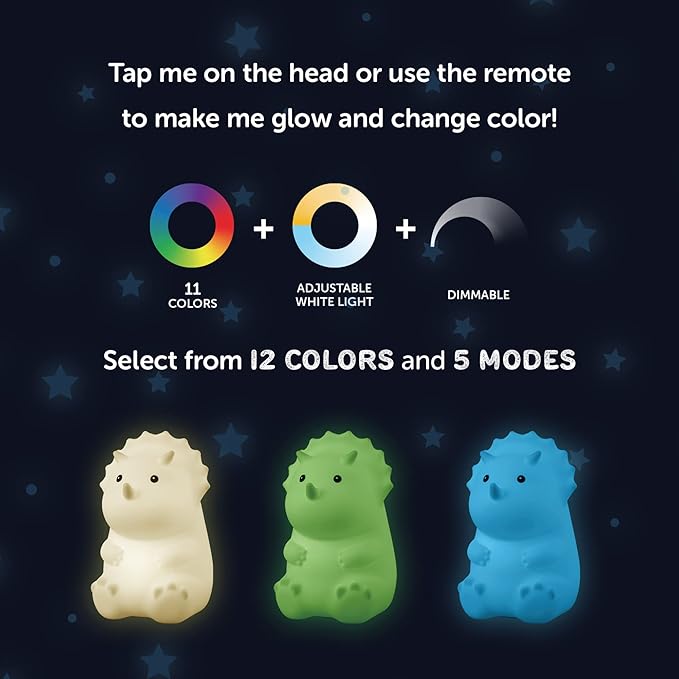 GLOBE Electric 13360 6" Triceratops and 9" Brontosaurus Giggling Dinosaur Duo Multicolor Changing Integrated LED Rechargeable Silicone Night Light, White, Table Lamps for Living Room, Bedroom, Den