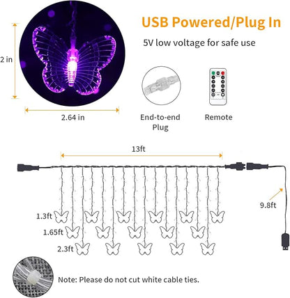 YOLIGHT Butterfly Curtain Lights 13ft 96 LED Fairy Lights 8 Modes String Lights with Remote, Butterfly Hanging Decoration for Girls Room Bedroom Wall Ceiling Party Wedding Holiday Christmas (Purple)
