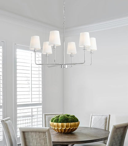 6-Light Chrome Farmhouse Chandelier with Linen Shades, E12 Base Industrial Ceiling Light Fixture, Adjustable Chain for Sloped Ceilings, Kitchen Island & Dining Room Fixture
