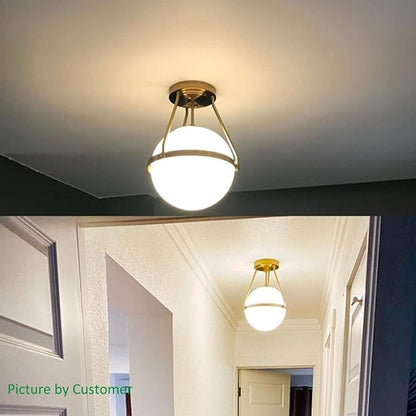 HOLKIRT Mid Century Modern Globe Semi Flush Mount Ceiling Light Fixture,White Opal with Brass Finish,Living/Dinning Room-Dimmable