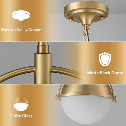 11.4 Inch Gold Globe Pendant Light Fixtures,Mid Century Modern Pendant Lights Kitchen Island with Milk Glass Shade, Adjustable Hanging Light Fixture for Kitchen Dining Room Bedroom Bathroom