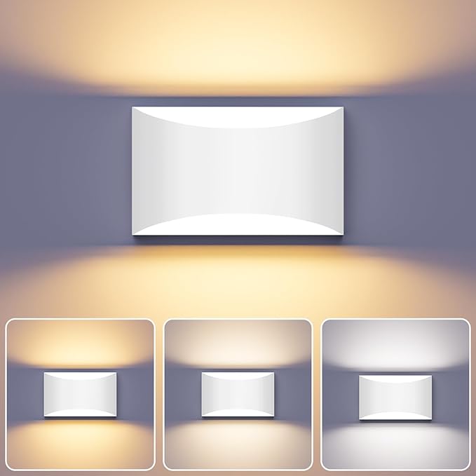 Black Modern LED Wall Sconce, 3 Colors Indoor Wall Lights, 10W Hardwired Up and Down Aluminum Wall Mount Lamp for Bedroom Living Room Hallway Corridor (White, 1 Pack)