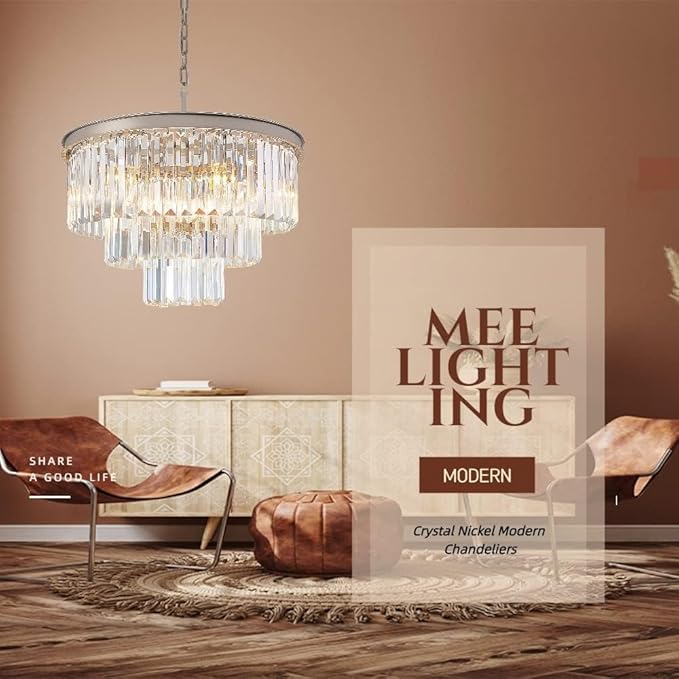 Crystal Nickel Modern Chandeliers Lights Vintage Pendant Ceiling Light Traditional Chandelier Lighting Fixture 3-Tier for Dining Room Living Room Kitchen Island Bedroom Entryway
