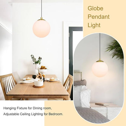 XiNBEi Lighting 8" Globe Pendant Light, Mid Century Brass Pendant Light with White Globe Glass Adjustable Hanging Fixtures for Kitchen Island Living Room XB-P1211-SB