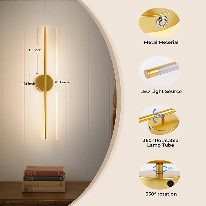 GvvooHome Battery Operated Wall Sconces Set of 2, 10000mAh Wireless Rechargeable Wall Lights Dimmable Detachable Wall Lamp with Remote Control, 3000K-6500K Dimmable Wall Sconce 28.3 Inch Gold