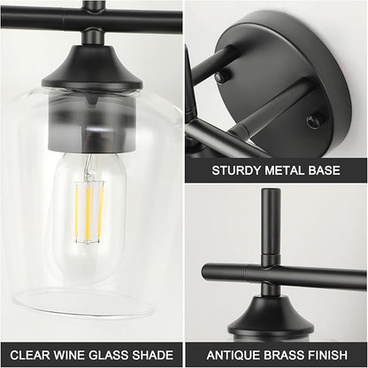 Bathroom Vanity Light Fixtures, Bathroom 6-Lights Over Mirror Modern Vanity Lighting with Clear Wine Glass Shade Wall Lamp for Bedroom Hallway Living Room (Black, 6-Light)