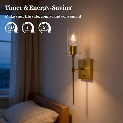 Dimmable 3 Colors Gold Battery Operated Wall Sconce Set of Two, Rechargeable Wireless Remote Control Wall Lamp Not Hardwired, Cordless Brass Wall Light for Living Room Bedroom Bathroom