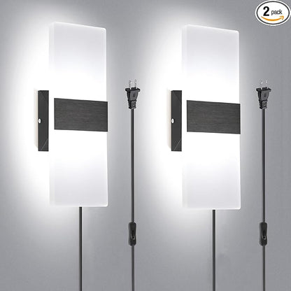 TRLIFE Wall Sconce Plug in, Modern Wall Sconces 12W LED Wall Sconce 6000K Cool White Acrylic Wall Mounted Light Wall Lights with 6FT Plug in Cord and On/Off Switch on The Cord(2 Pack, Black)